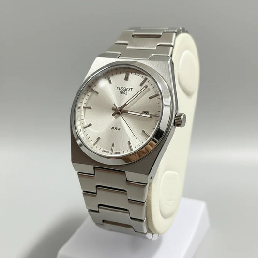 Side view of Tissot PRX 35mm Watch – Silver Edition, Plain White Dial