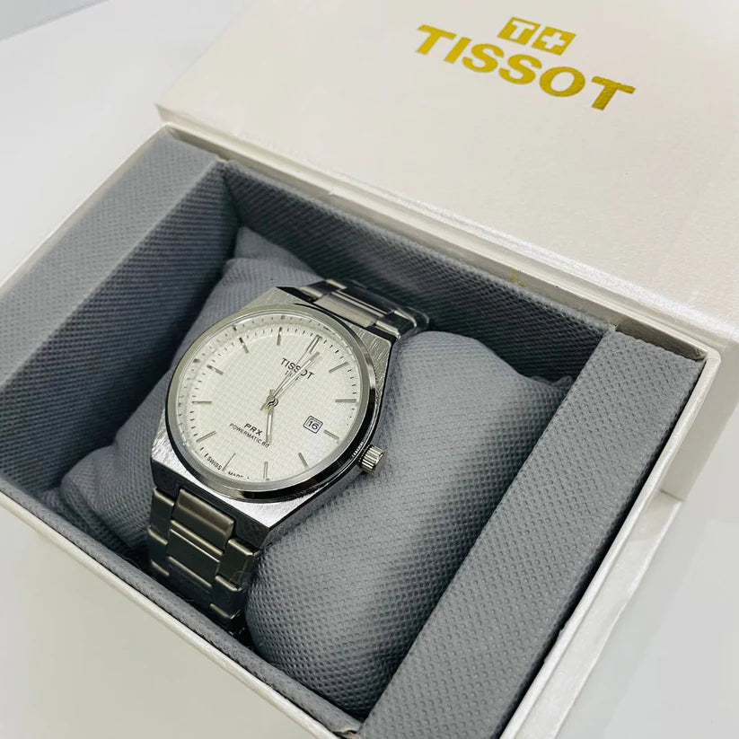 Front view of Tissot PRX 40mm watch with white dial